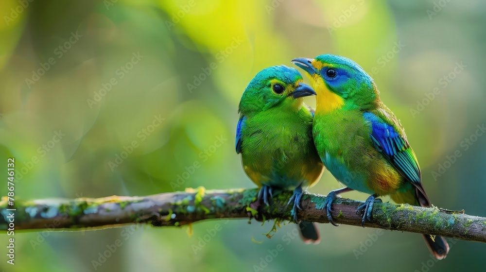 Amidst a lush natural setting, a group of majestic green and yellow macaws perch gracefully on a sturdy branch, their vibrant plumage standing out against the blur of foliage in the background. 