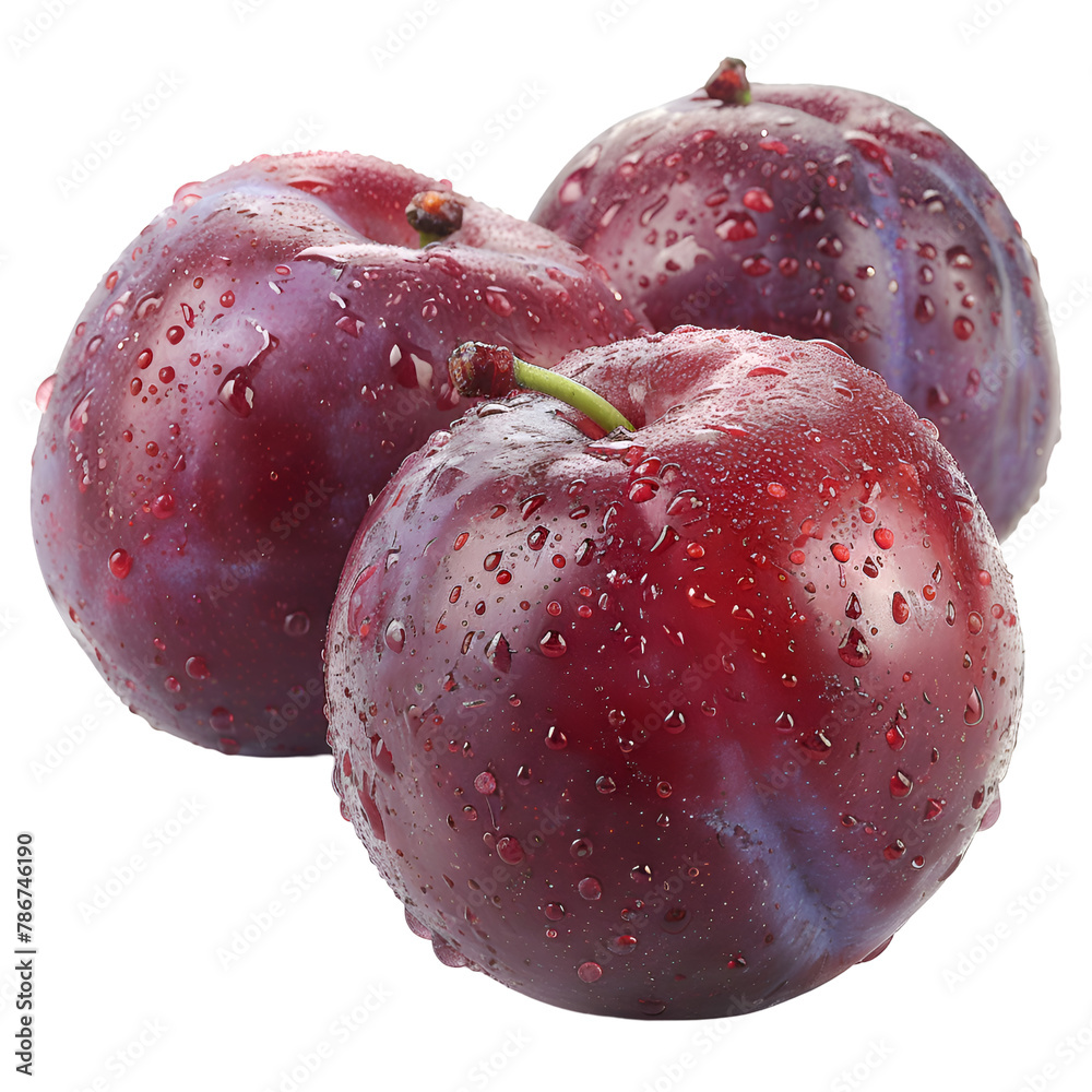  An HD image of fresh plums, their purple to red skin, juicy and tart, isolated on a Transparent background, PNG Cutout