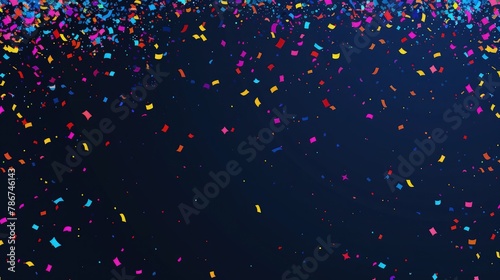 Sparkling glitter confetti rains down against a vibrant blue background, creating a festive and celebratory atmosphere. 