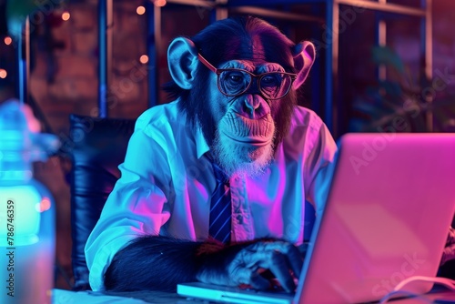 A monkey in a white coat appears to be working diligently on a laptop, surrounded by a moody, neon-lit ambiance suggesting a nocturnal setting