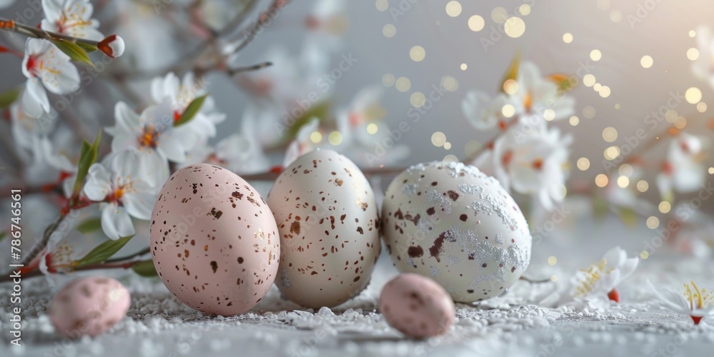 Decorative speckled Easter eggs nestled among blooming cherry blossoms with soft golden light.