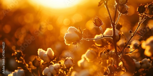 Cotton bolls bask in the warm golden sunset light, creating a serene agricultural landscape. photo