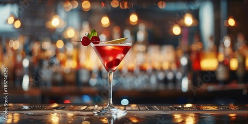 An exquisite cocktail with a cherry garnish presented on a bar with soft bokeh lighting. photo