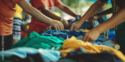 Hands sorting through a pile of colorful donated clothes, representing community support and charity work. © tashechka