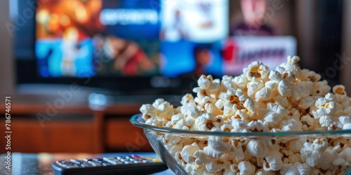 Close-up of a glass bowl filled with popcorn with a blurred television screen in the background.