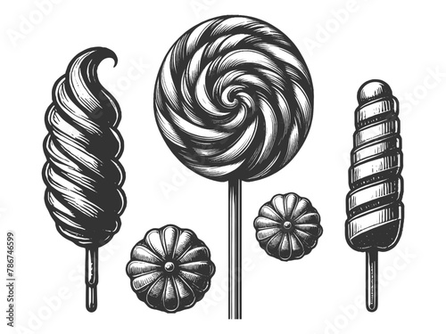assortment of classic lollipops and sweets, featuring various shapes and textures sketch engraving generative ai vector illustration. Scratch board imitation. Black and white image.