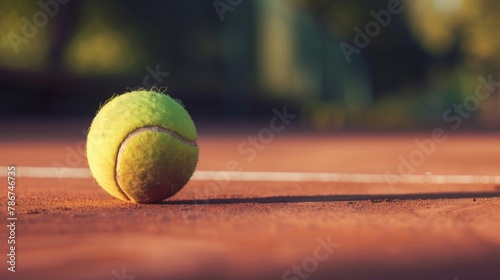 Close-up of a tennis ball on a clay court with the golden hour sunlight casting a warm glow. © tashechka
