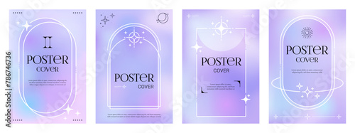 Modern aesthetic purple gradient Y2K posters and abstract backgrounds, vector cover templates. Pastel or neon purple color gradient posters with Y2K aesthetic geometric and simple minimal frames