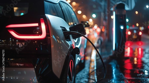 An electric vehicle plugged into a charging station on a rain-slicked urban street, illuminated by city lights. © tashechka