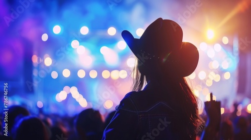 Back view of a woman with a cowboy hat silhouetted against vibrant stage lights at a music event. © tashechka