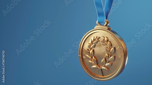 Close-up of a gold medal with laurel wreath and blue ribbon against a clear blue background. photo