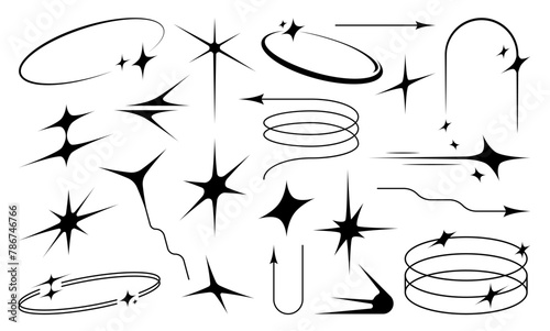 Aesthetic y2k elements, space star and sparkle figures. Vector linear sparks, arches, ovals, spiral, arrows in black color and retro tech futuristic vibes. Cosmic glamour, trendy, brutal simple shapes