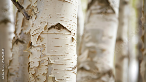 Close-up of white birch trees with peeling bark in natural daylight