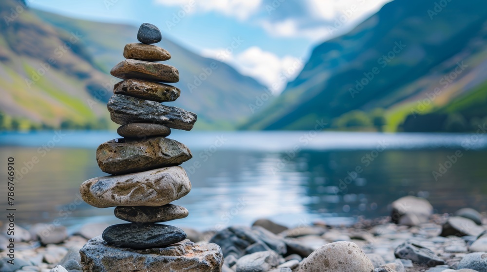 A carefully balanced stack of smooth river stones in the foreground with a tranquil mountain lake and hills in soft focus behind.