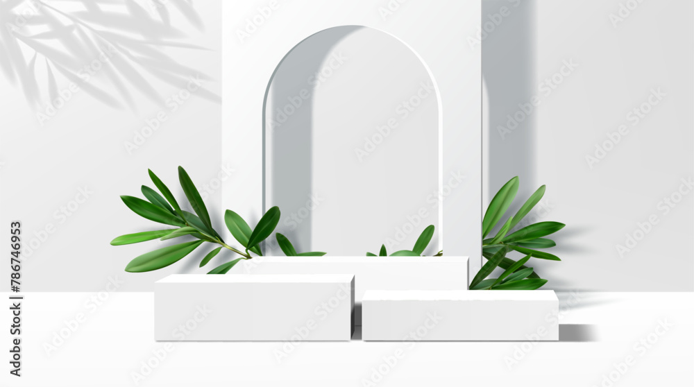 3d white podium stage with green olive leaves. Realistic 3d vector platform or pedestal mockup for products presentation in studio. Background with rectangular stands and arch for displaying cosmetics - obrazy, fototapety, plakaty 