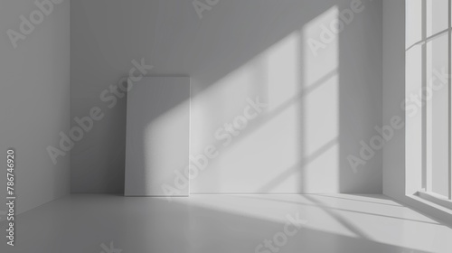 Modern minimalist interior with sunlight casting geometric shadows through a window onto a plain wall.