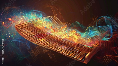 Artistic representation of a musical instrument invented by acousticians and musicians, which creates a range of sounds from different musical cultures.