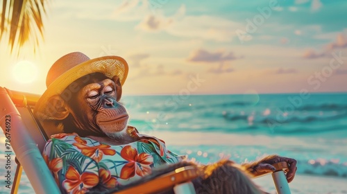 Cute monkey Sunbathing on the beach in a Hawaiian shirt and hat. Summer creative koncept photo