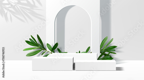 3d white podium stage with green olive leaves. Realistic 3d vector platform or pedestal mockup for products presentation in studio. Background with rectangular stands and arch for displaying cosmetics © Vector Tradition