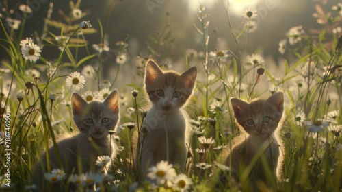 Three playful kittens enjoying a sunny morning among white daisies in a field.