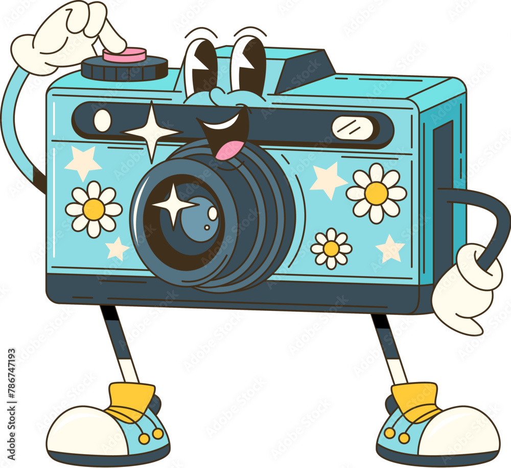 Cartoon groovy photo camera retro character. Isolated vector funky, hippie style photocamera personage adorned with vibrant daisy flowers, stars and playful smile push shooting button to make snapshot - obrazy, fototapety, plakaty 
