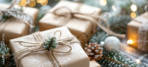 Wrapped Christmas gifts adorned with natural decorations and twinkling lights, creating a warm holiday atmosphere.