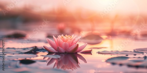 A single water lily blooms amidst calm waters during a tranquil sunset, reflecting the golden hues.