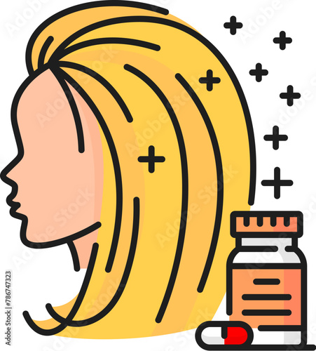 Hair care vitamins color line icon for hair beauty treatment and nutrition, outline vector. Woman head and vitamins icon for dry hair, hair loss or dandruff treatment for healthy follicles and growth
