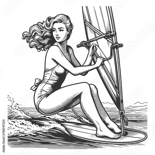 Pin-up girl vintage woman windsurfing, her hair flowing with wind sketch engraving generative ai fictional character vector illustration. Scratch board imitation. Black and white image.