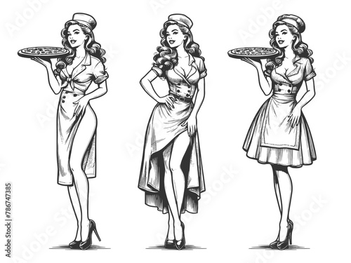 Pin-up vintage waitress in classic uniforms, with pizza sketch engraving generative ai fictional character vector illustration. Scratch board imitation. Black and white image.