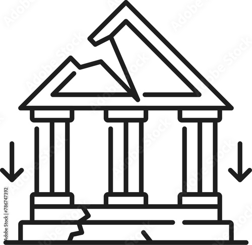 Bank bankruptcy, economic crisis outline icon. Financial downturn problem, company money loss risk or recession gander vector icon. Business crisis line symbol or sign with ruined bank building