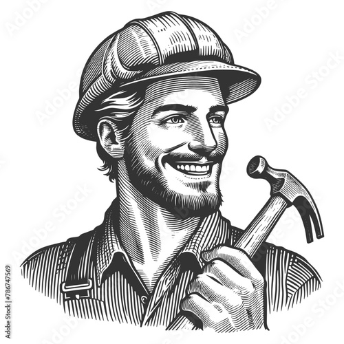 happy male worker in a hard hat holding a hammer, concept art and retro design sketch engraving generative ai fictional character vector illustration. Scratch board imitation. Black and white image.