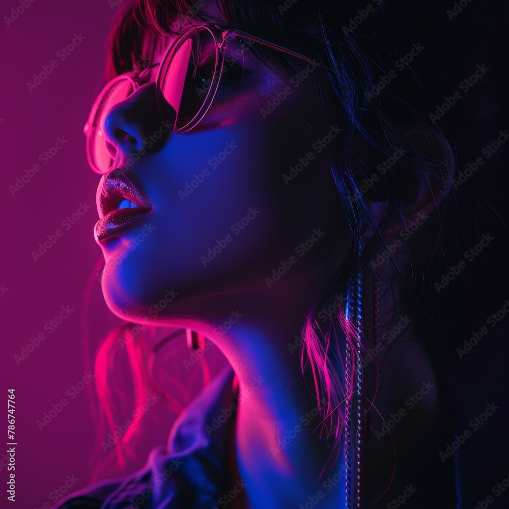 A woman is captured in vibrant neon lighting highlighting her unique hairstyle and stylish earrings in a modern and captivating portrait