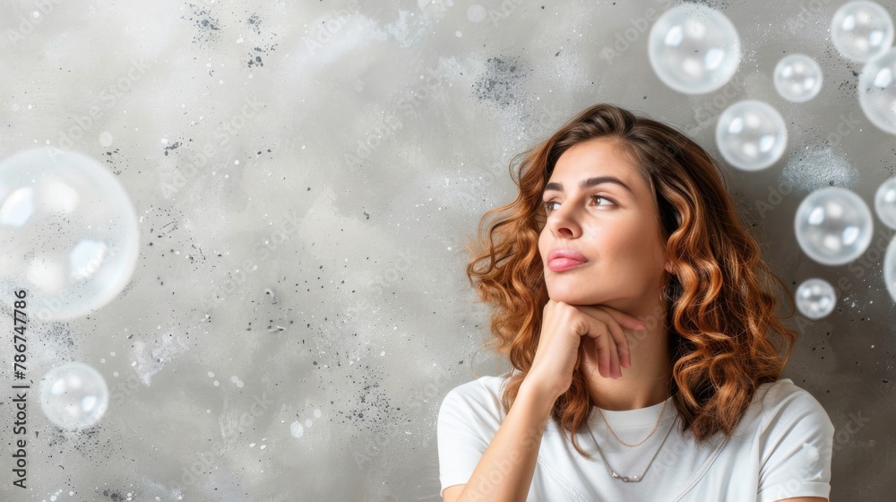 Woman Looking Up at Floating Bubbles Woman Looking Up at Floating Bubbles