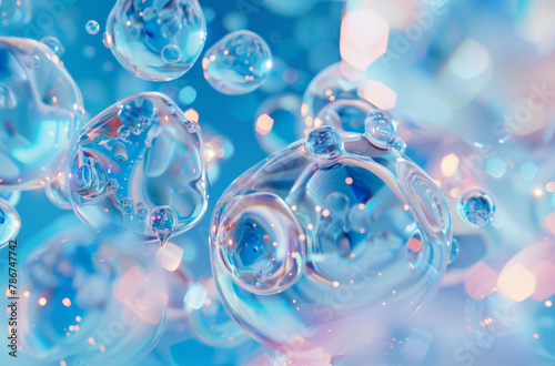 Blue, molecule and atom for genetic or science with futuristic development in biology. Dna, chemistry and nucleotide with cells or rna for virus or disease on research, biomolecule and particles