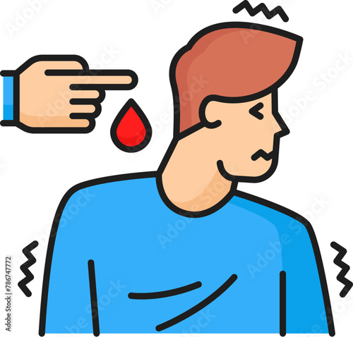 Human phobia problem, psychology health, hemophobia mental anxiety outline color icon. People psychology problem, phobia, fear or mental disorder thin line vector icon with man scared of blood drop