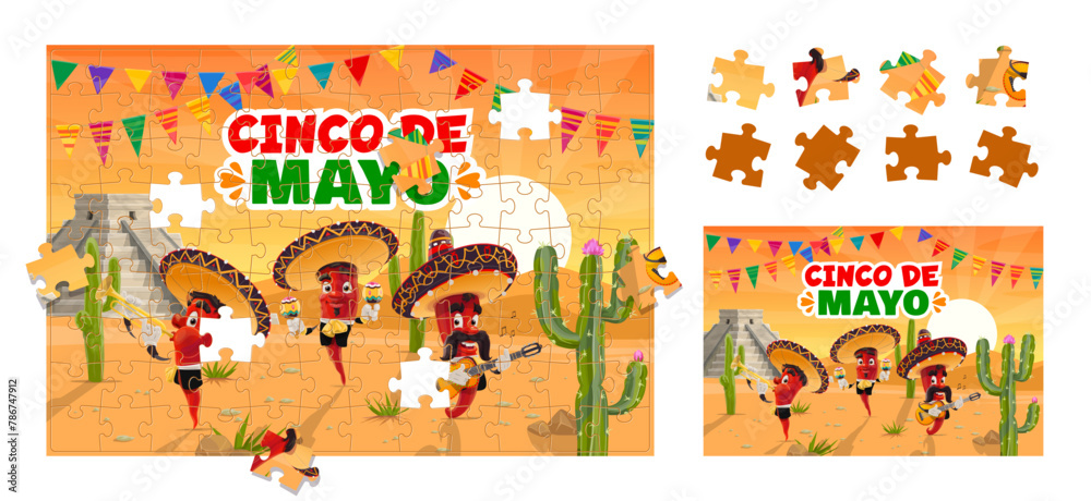 Jigsaw puzzle game pieces, cinco de mayo Mexican holiday pepper musician characters in desert. Cartoon educational boardgame, vector worksheet for preschool children with funny jalapeno mariachi band
