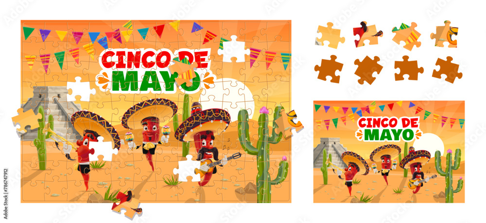 Fototapeta premium Jigsaw puzzle game pieces, cinco de mayo Mexican holiday pepper musician characters in desert. Cartoon educational boardgame, vector worksheet for preschool children with funny jalapeno mariachi band