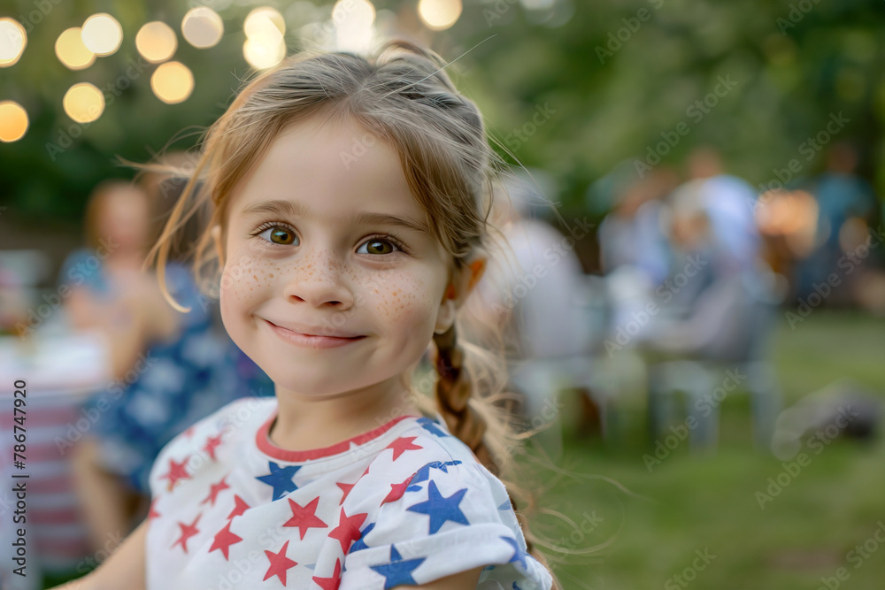 Little Caucasian girl wearing patriotic T-shirt U.S. flag during outdoor celebration for American Independence Day Little Caucasian girl wearing patriotic T-shirt U.S. flag during outdoor celebration for American Independence Day