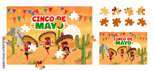 Jigsaw puzzle game pieces  cinco de mayo Mexican holiday pepper musician characters in desert. Cartoon educational boardgame  vector worksheet for preschool children with funny jalapeno mariachi band
