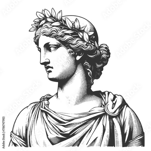 Greek statue of a goddess, the elegance and artistry of ancient sculpture sketch engraving generative ai fictional character vector illustration. Scratch board imitation. Black and white image.