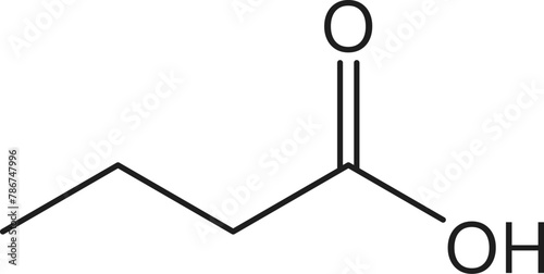Butyric acid molecule formula of chocolate chemical and molecular structure, vector icon. Butyric or butanoic acid molecular bond structure and atom connection of chocolate flavoring ingredient photo