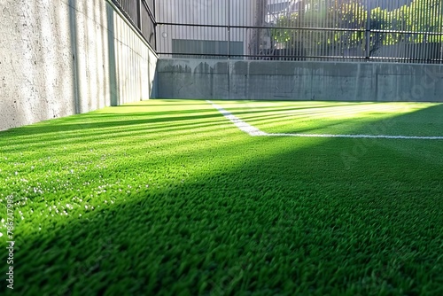 closeup of green artificial turf on soccer field with goal post shadow sports background photo