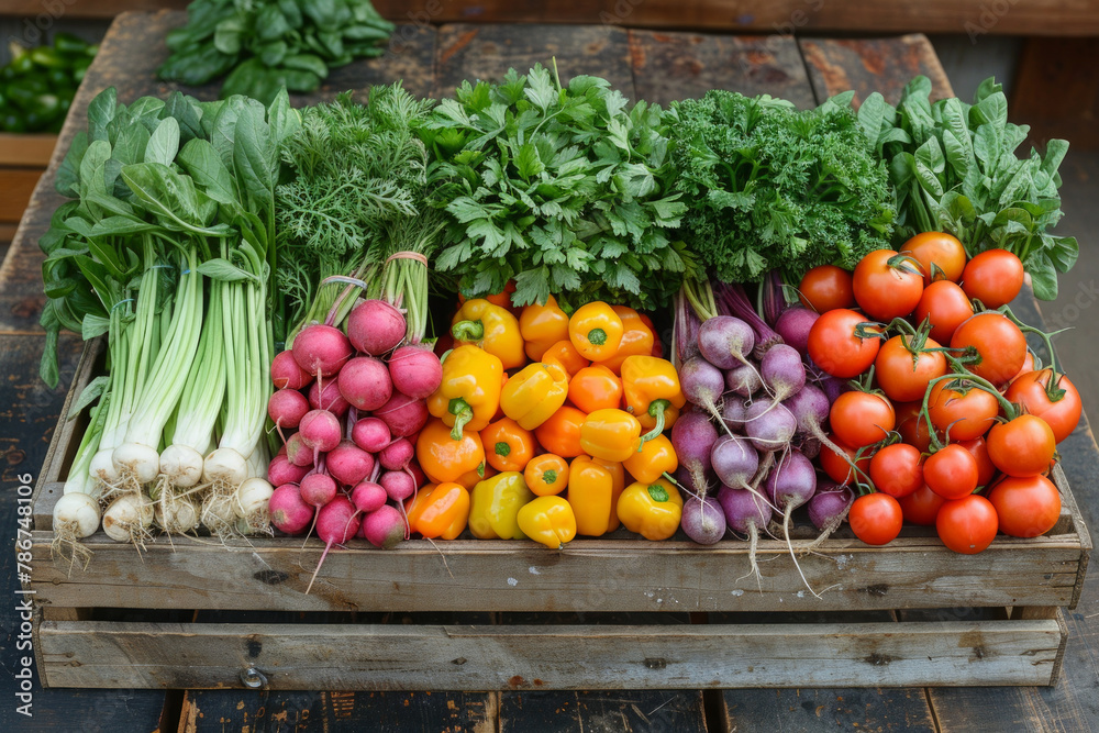 A crate full of vegetables including tomatoes, radishes, and peppers A crate full of vegetables including tomatoes, radishes, and peppers