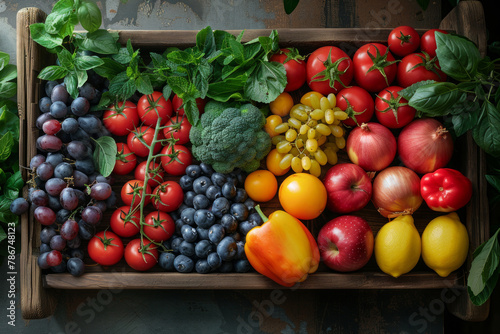 A wooden tray filled with a variety of fruits and vegetables. The tray is full of apples, oranges, grapes, and other fruits. The vegetables include broccoli and peppers