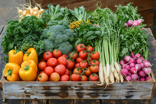 A wooden crate filled with a variety of fresh vegetables including tomatoes  broccoli  and radishes. The crate is arranged in a way that highlights the different colors and textures of the produce