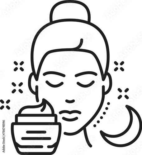 Skincare cosmetology and mesotherapy, face care health, skin night cream line icon. Spa salon facial treatment, dermatology and cosmetology product thin line vector icon with woman face and cream jar