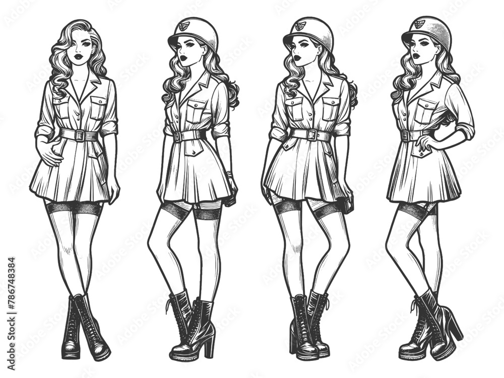 fashion of militaryinspired female outfits, each with a distinct style