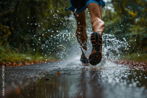 closeup of runners feet splashing through puddles on rainy road dynamic action shot
