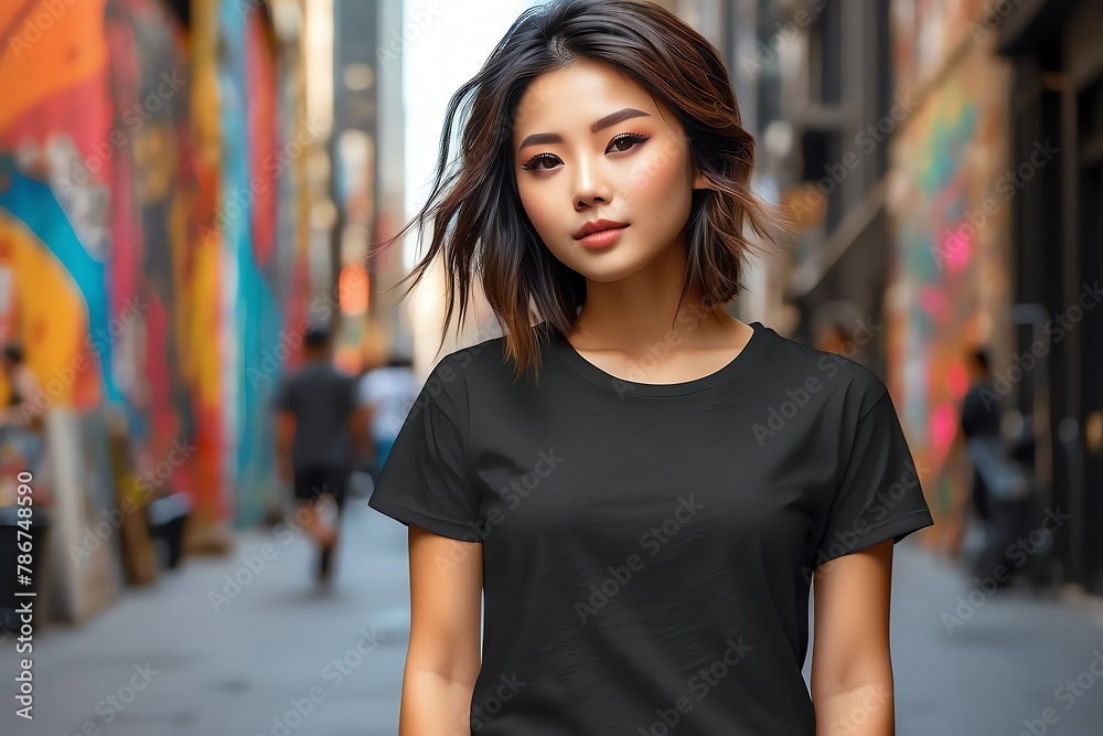 beautiful japanese girl wearing plain black t-shirt on wall street art abstract Model Shirt Mockup from Generative AI
